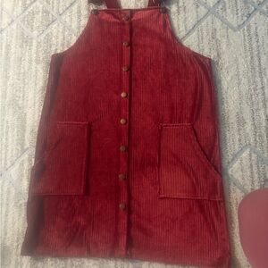 Deep Red Corduroy Dress with Stand-Up Collar